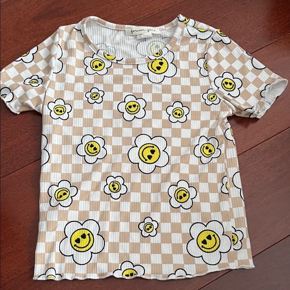 Kids' Beige and White Smiley Flower Tee